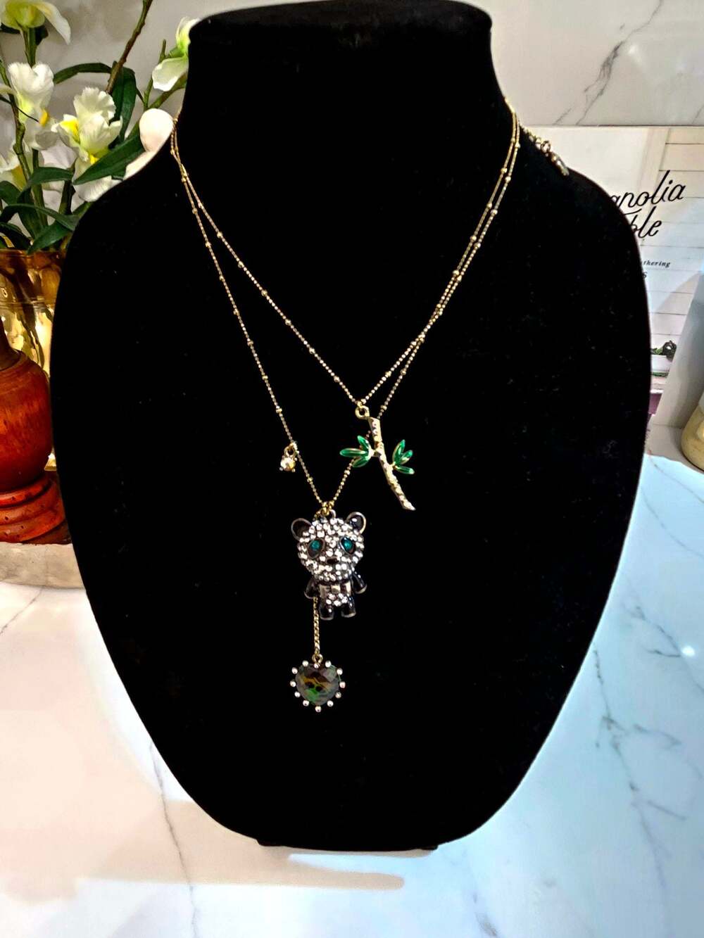 Betsey Johnson Asian Jungle Panda Bamboo Heart Lariat Necklace